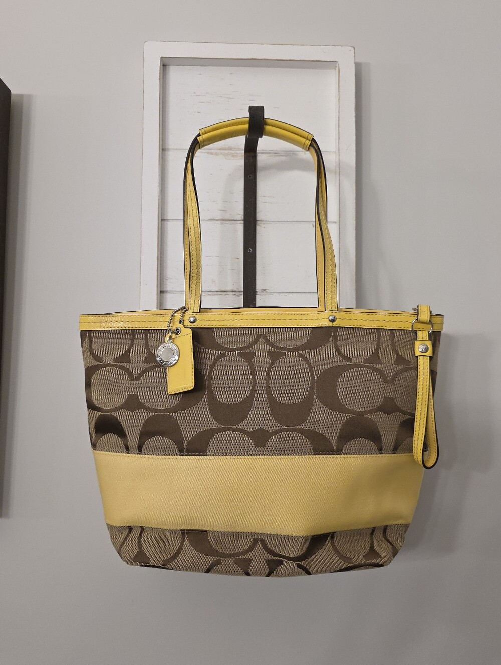 2000s Coach Signature Stripe Zip Top Tote Brown/khaki And Yellow F13548